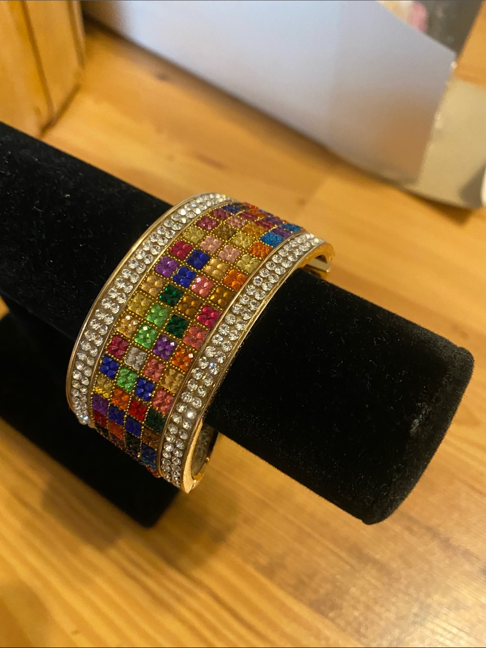 Multicolor Crystal Wide Statement Bangle - Gold Tone
